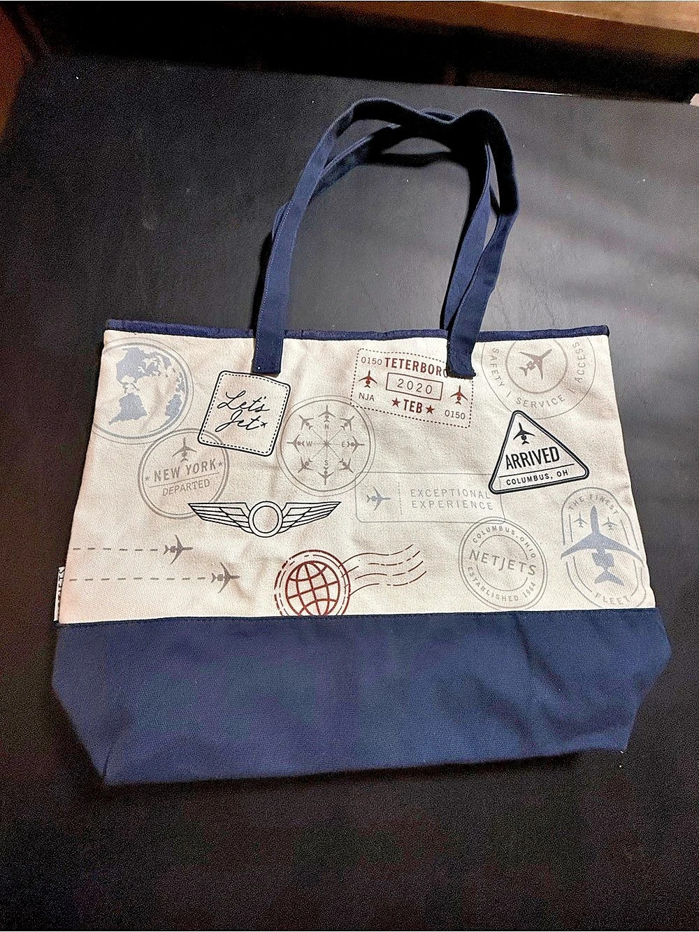 NetJet Canvas Travel Tote in Blue & Cream